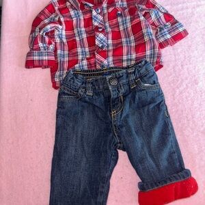 Red Plaid Shirt Blue Jeans Set fleece lined denim jeans country button down